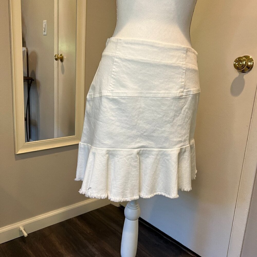 Aqua White Denim Asymmetrical Mini Skirt with fringed edges, Size Small